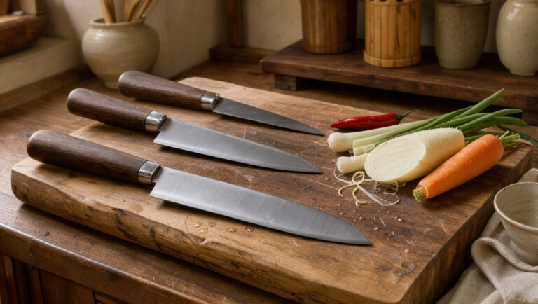 Couteaux de cuisine japonais aux lames brillantes et aux manches en bois disposés près de légumes frais sur une planche artisanale.