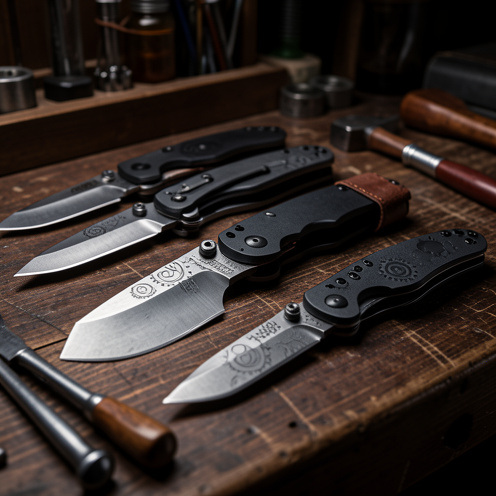 Collection de couteaux pliants artisanaux inspirés de l’univers motard, présentés sur un établi sombre avec des détails métalliques, des engrenages et des accents en cuir.