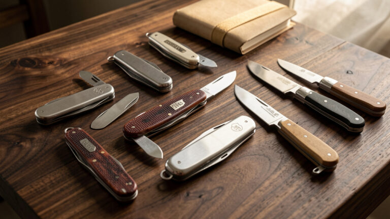 Collection de couteaux suisses emblématiques et de belles lames soigneusement présentés sur une table en bois sombre.
