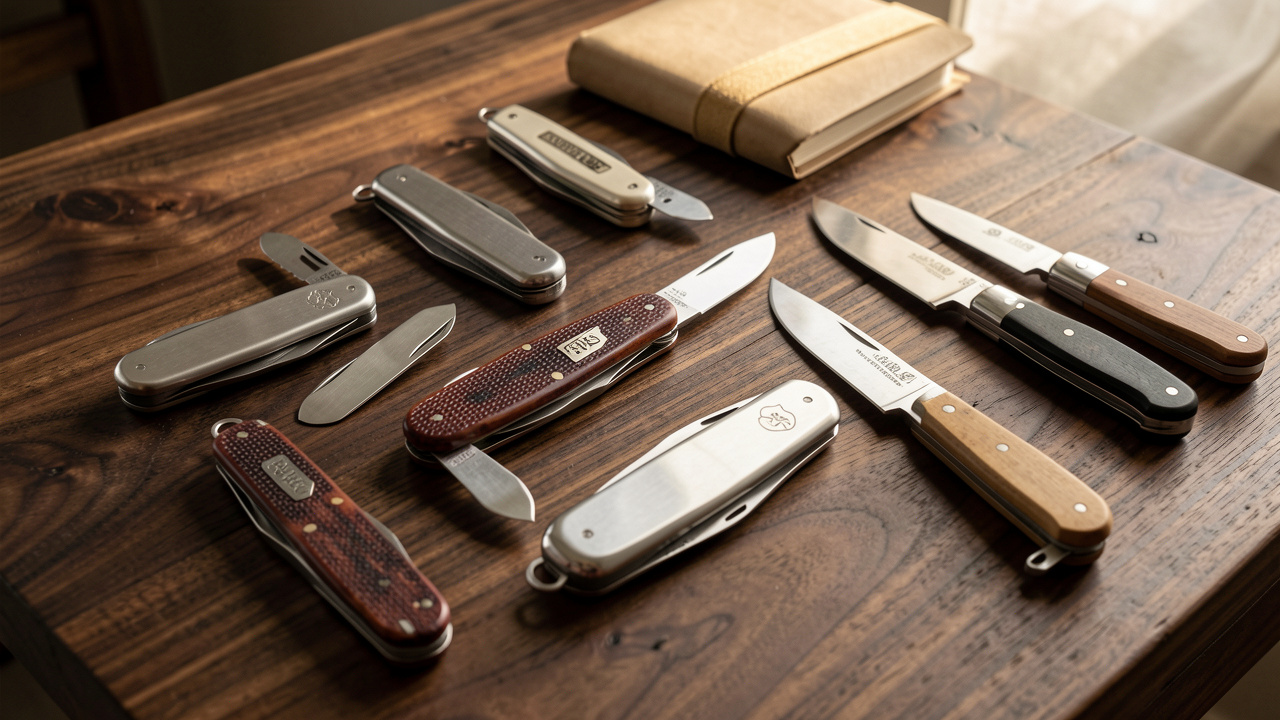 Collection de couteaux suisses emblématiques et de belles lames soigneusement présentés sur une table en bois sombre.