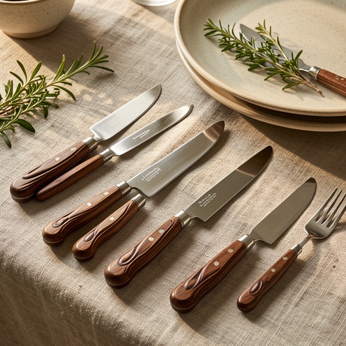 Sélection de couteaux de table français aux manches en bois sculpté, présentés sur une table rustique avec de la vaisselle et des herbes fraîches.