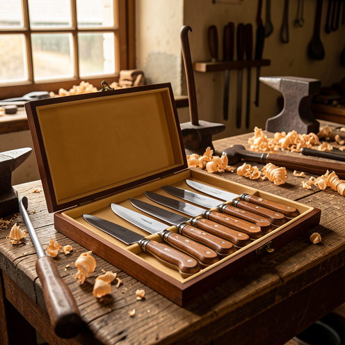 Couteaux de table français aux lames polies et manches en bois, présentés dans un coffret ouvert au sein d’un atelier traditionnel de Thiers.