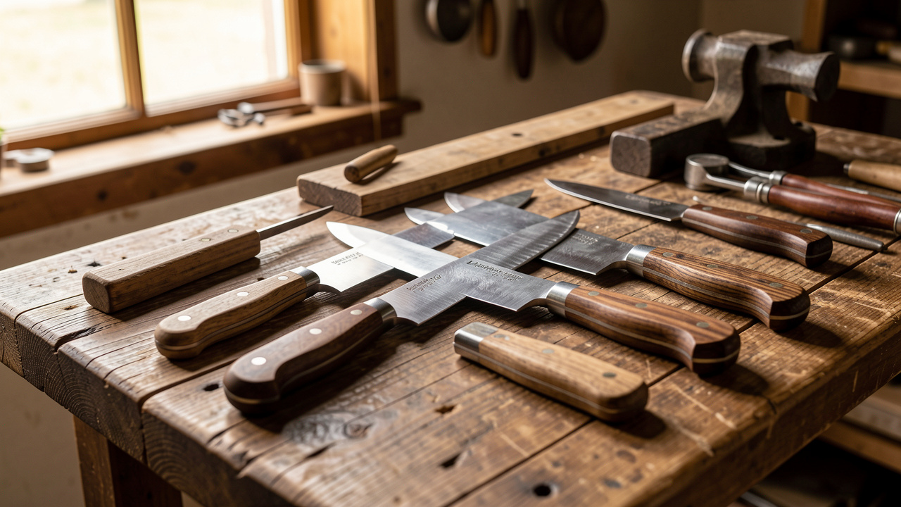 Collection de couteaux de cuisine artisanaux français aux manches en bois, présentés sur une table d’atelier de coutellerie à Thiers.