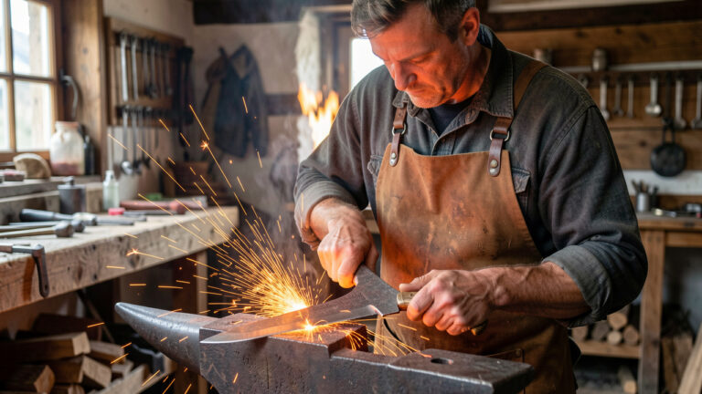 Un artisan forgeron façonne un couteau artisanal sur une enclume dans une forge rustique de montagne, éclairée par la chaleur du feu.