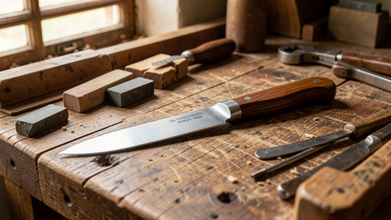 Couteau de cuisine artisanal à lame forgée et manche en bois, posé sur un établi dans un atelier traditionnel de coutellerie.