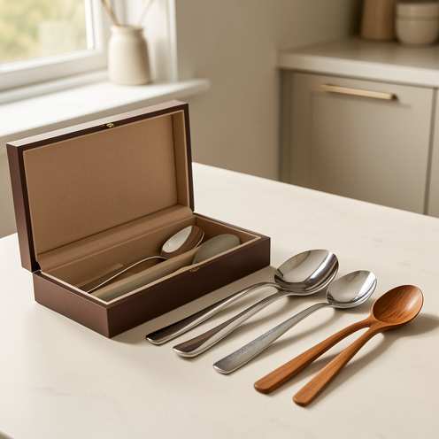 Coffret ouvert présentant plusieurs cuillères à soupe de tailles et de matières différentes, disposées dans une cuisine sobre et lumineuse.