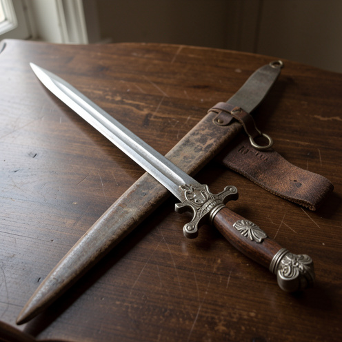 Dague française ancienne ornée, posée avec son fourreau en cuir sur une table en bois sombre, dans une mise en scène historique.
