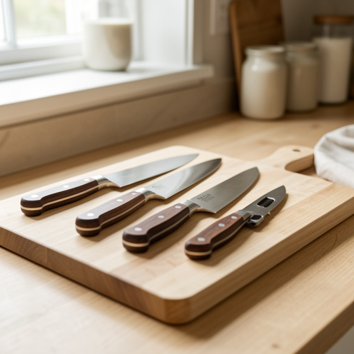 Ensemble de couteaux de cuisine aux formes et usages variés, disposés sur une planche en bois dans une cuisine lumineuse.