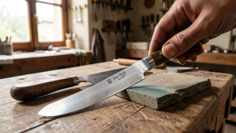 Couteaux artisanaux posés sur un établi en bois près d'une pierre à aiguiser, dans un atelier de coutellerie traditionnel au Puy-en-Velay.