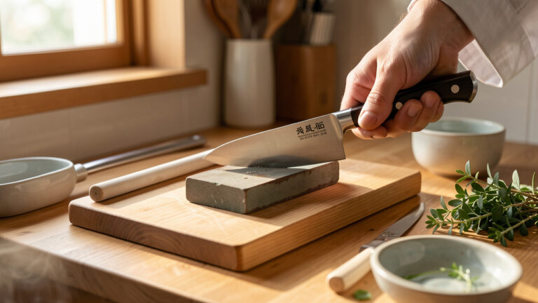 Couteau de chef japonais affûté sur une pierre à aiguiser dans une cuisine lumineuse, avec une planche en bois, une tige d’affûtage et des herbes fraîches.
