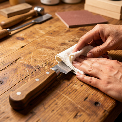 Gros plan sur l’entretien d’un manche de couteau en bois avec un chiffon doux et de l’huile dans un atelier.
