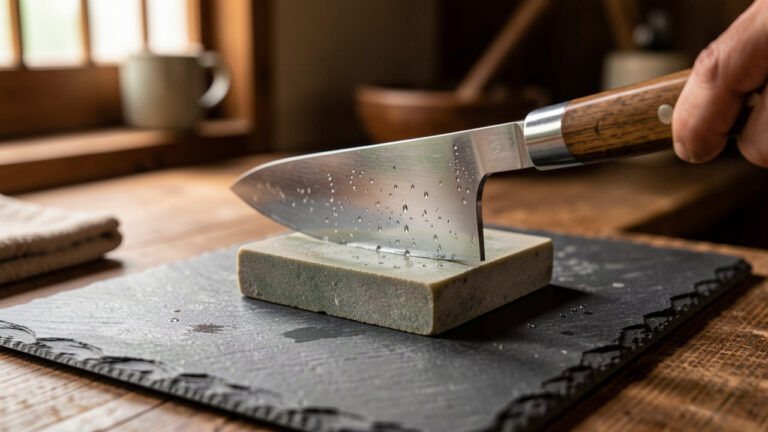 Couteau de cuisine japonais aiguisé sur une pierre à eau fine dans un atelier traditionnel, avec une lumière douce et chaleureuse.