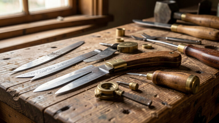 Couteau de poche artisanal français entouré de lames, de plaquettes en bois et d’outils traditionnels sur un établi en chêne.