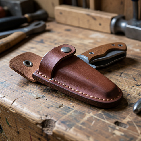 Étui de couteau de ceinture en cuir brun avec coutures renforcées, rabat protecteur et fixation métallique, posé sur un établi en bois.