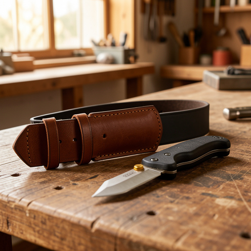 Étui horizontal en cuir brun fixé à une ceinture robuste, présenté sur un établi rustique.