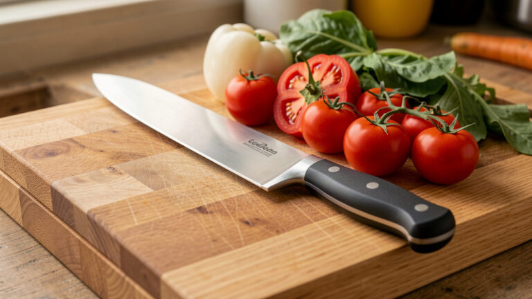 Couteau de cuisine allemand au fini précis posé sur une planche en bois avec des légumes soigneusement disposés.