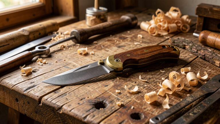 Couteau pliant artisanal à manche en bois et lame en acier posé sur un établi, entouré d’outils et de copeaux de bois dans un atelier chaleureux.