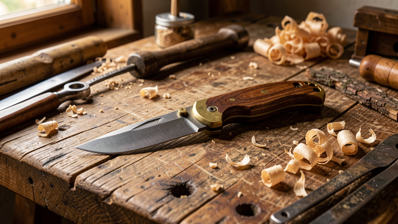 Couteau pliant artisanal à manche en bois et lame en acier posé sur un établi, entouré d’outils et de copeaux de bois dans un atelier chaleureux.