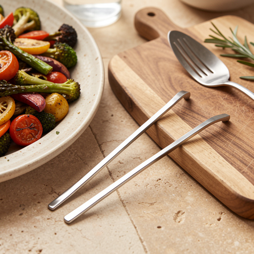 Fourchette diapason en acier inoxydable posée près d’un plat de légumes rôtis et d’ustensiles de cuisine.