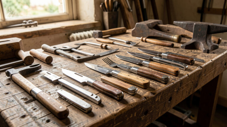 Atelier traditionnel de coutellerie à Thiers présentant des couteaux artisanaux, des manches en bois et des outils de forge anciens sur un établi.