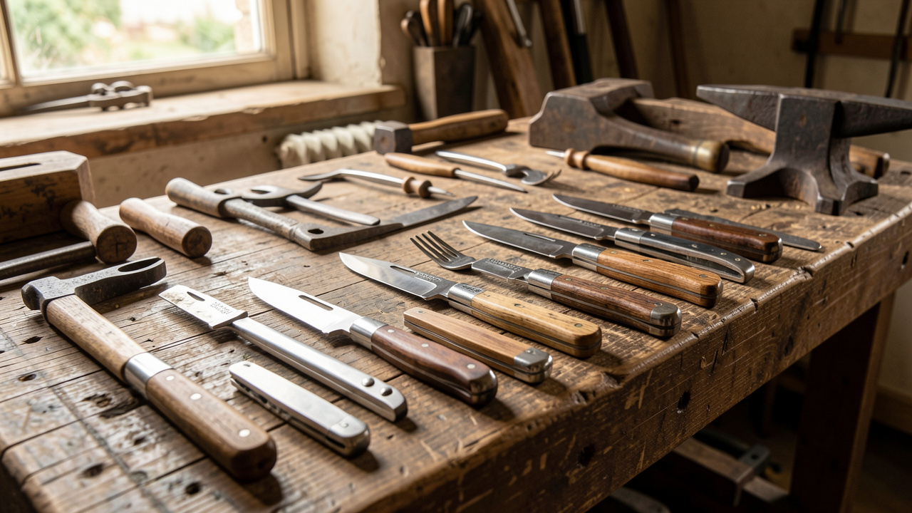 Atelier traditionnel de coutellerie à Thiers présentant des couteaux artisanaux, des manches en bois et des outils de forge anciens sur un établi.