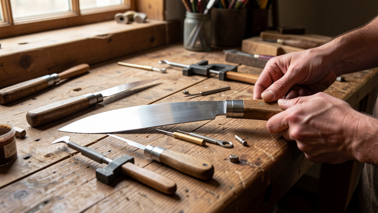 Kit de fabrication de couteau artisanal disposé sur un établi en bois, avec lame en acier, plaquettes de manche, outils manuels et éléments prêts à être assemblés.