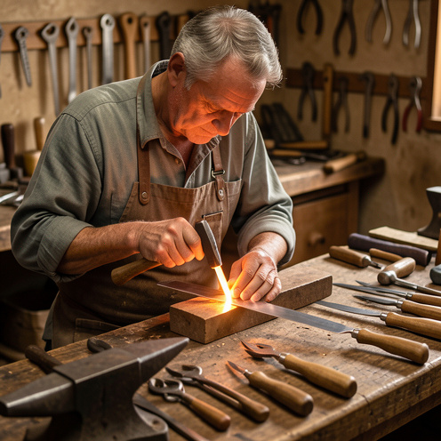Maître coutelier façonnant avec précision une lame en acier dans son atelier traditionnel, entouré de ses outils artisanaux.