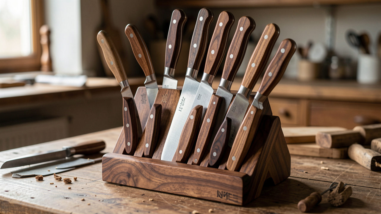 Présentoir artisanal en bois mettant en valeur plusieurs couteaux de cuisine aux manches chaleureux et aux lames polies.