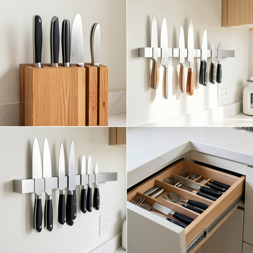 Différentes solutions de rangement pour couteaux de cuisine : un bloc en bois, une barre magnétique murale et un tiroir compartimenté.