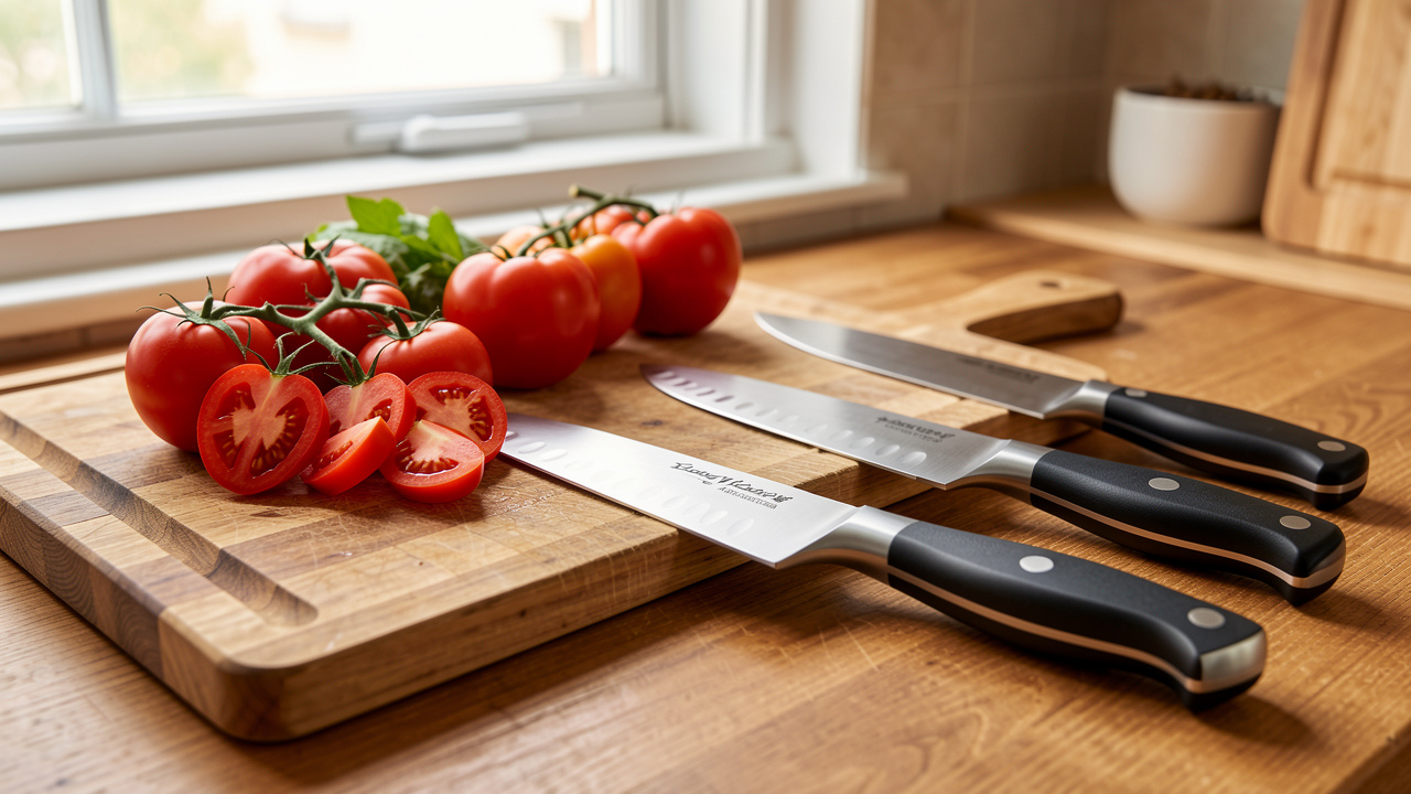 Couteau de cuisine forgé posé près d’une planche en bois, de légumes et de plusieurs couteaux adaptés à différents usages.