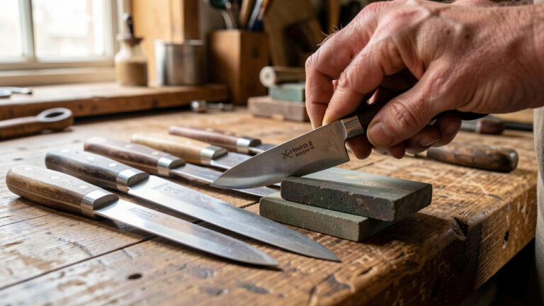 Couteaux artisanaux disposés près de pierres à aiguiser sur un établi en bois dans un atelier traditionnel de coutellerie à Thiers.