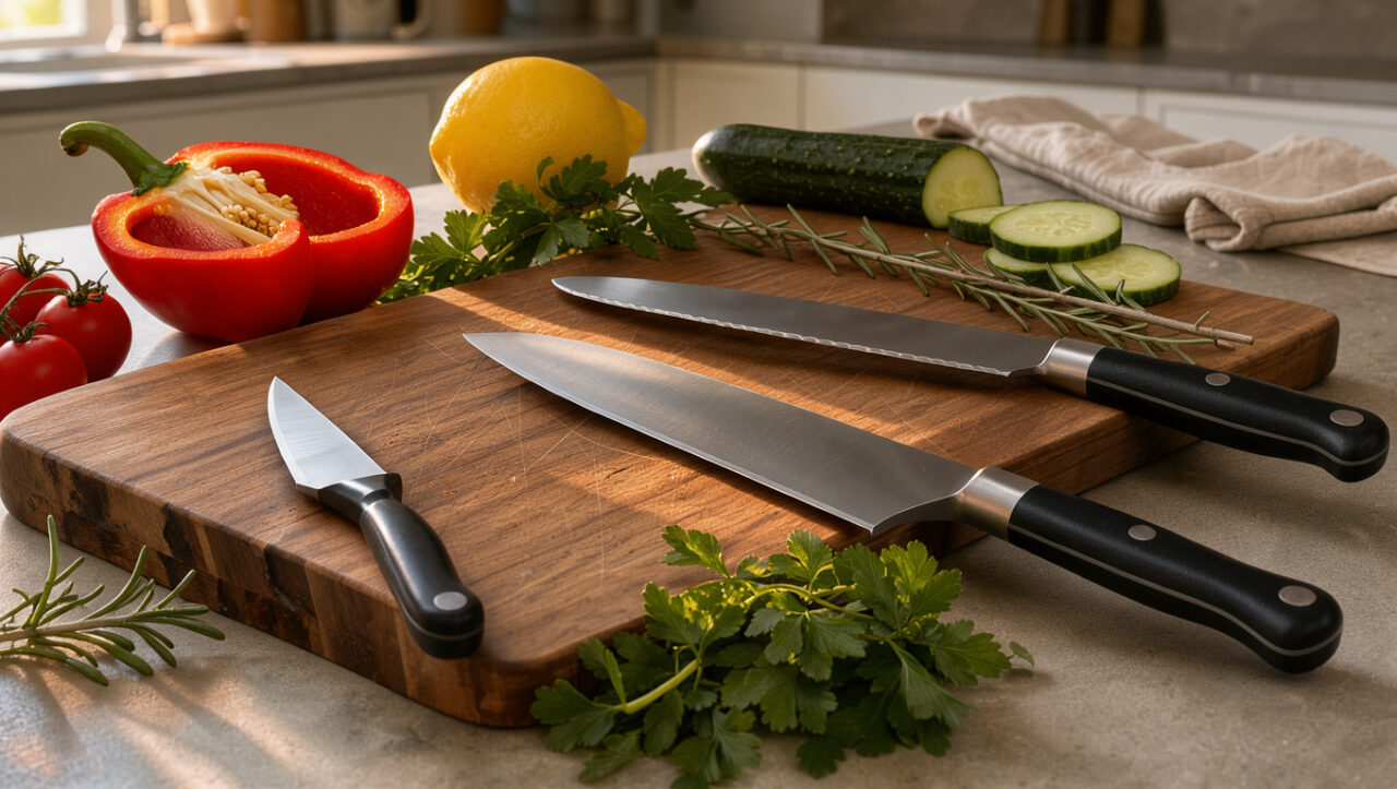 Sélection de couteaux de cuisine de qualité disposés sur une planche en bois avec des herbes fraîches et des légumes.