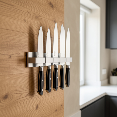 Support mural magnétique en bois présentant plusieurs couteaux de cuisine en acier inoxydable dans une cuisine moderne.